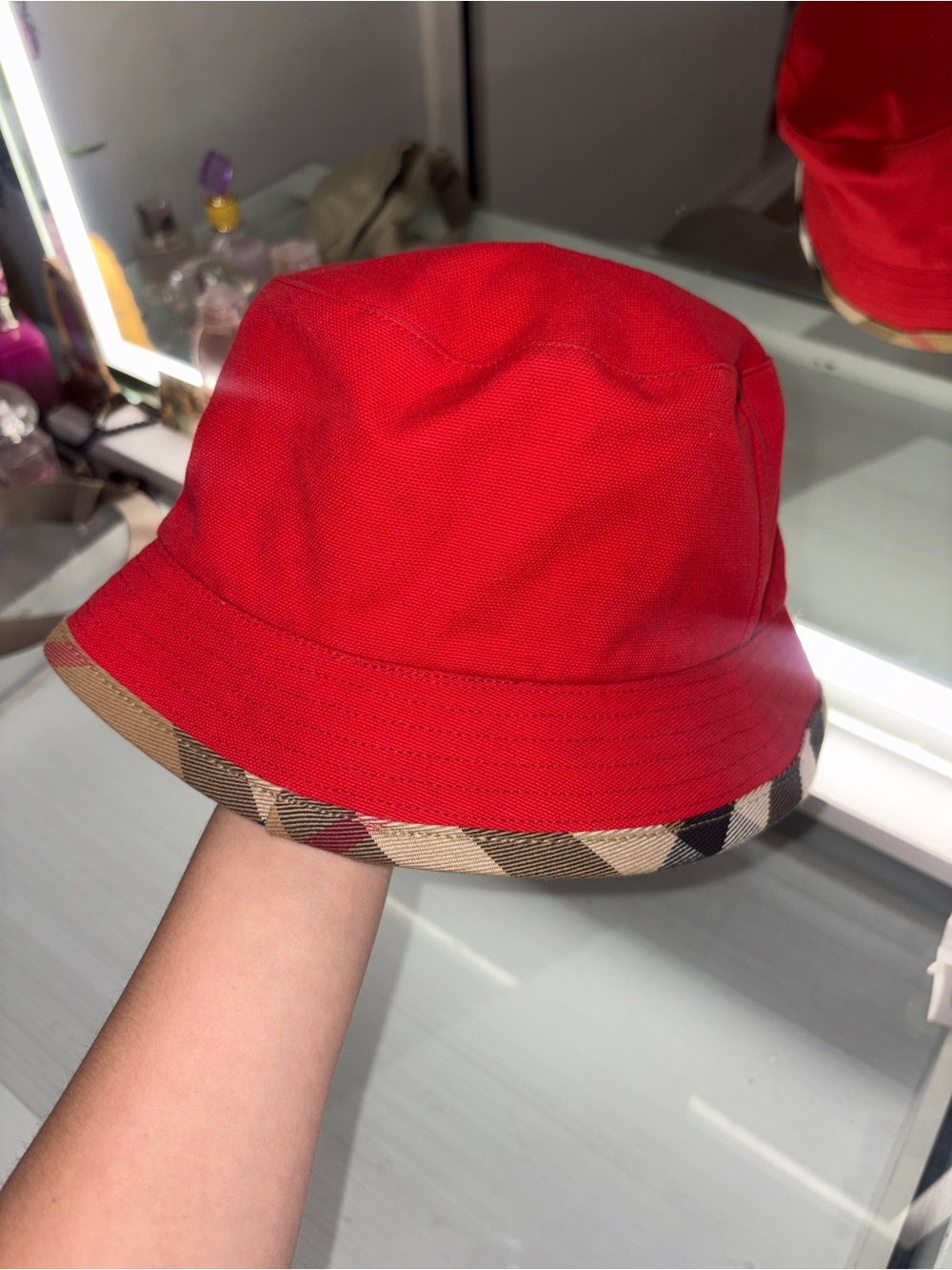 Burberry Red Bucket Hat with Signature Check Trim